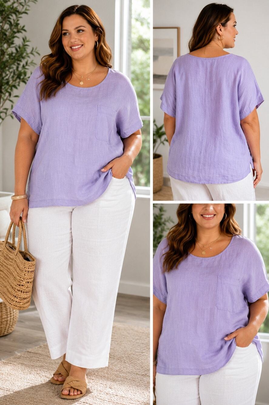 Lands' End Linen Short Sleeve
Pullover Casual Blouse Purple Large 14 16